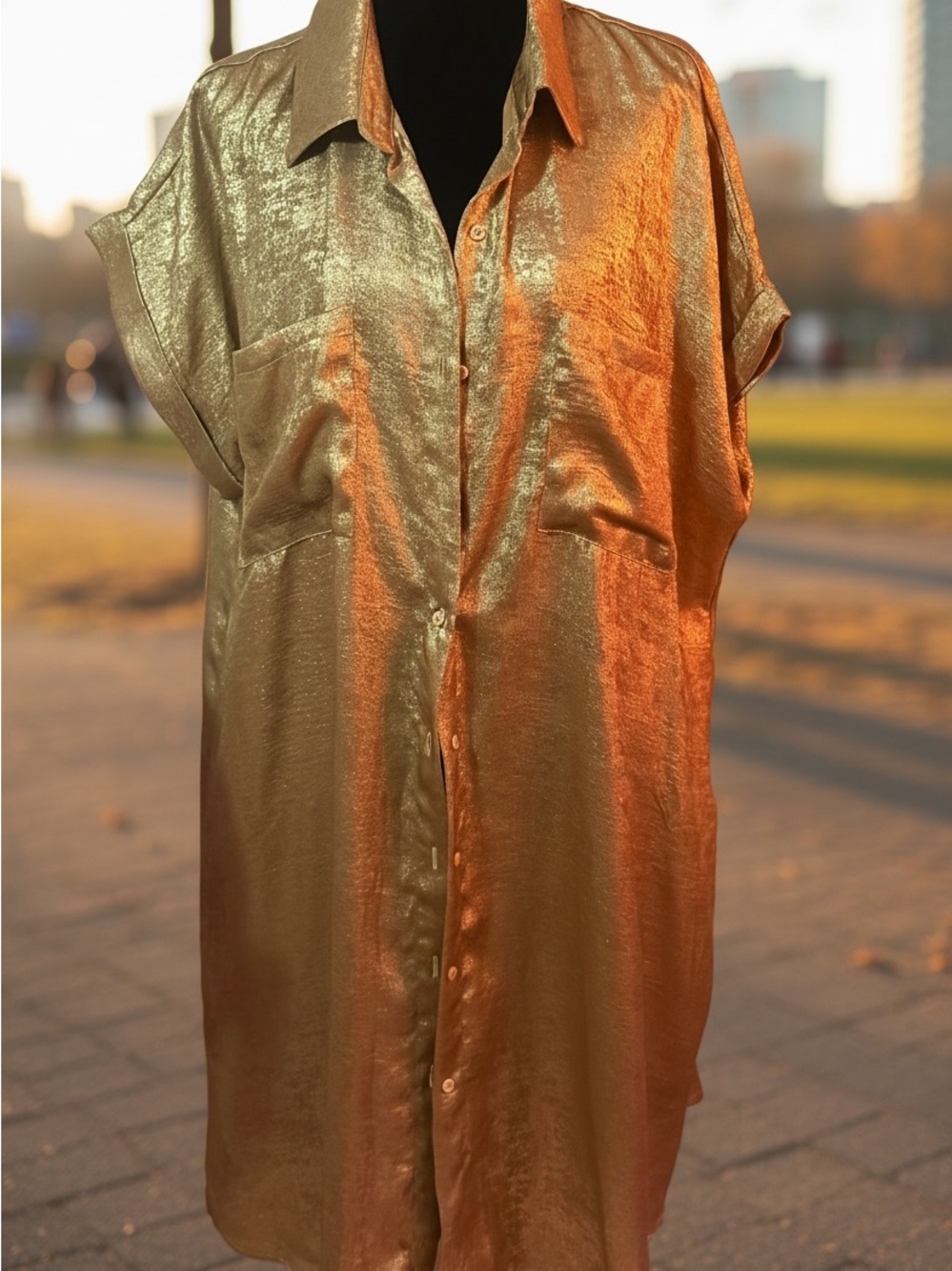 SHEIN Gold Metallic Button-Front Shirt Dress